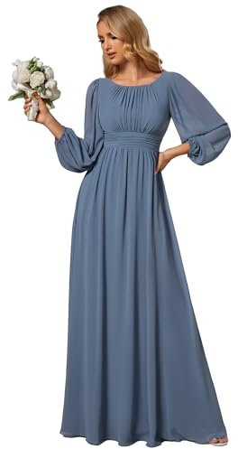 Ever-Pretty Evening Dress Long Sleeve Chiffon Women's Dresses for Wedding Guest Dusty Navy 20