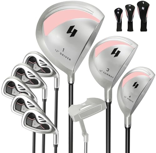 LIFEZEAL Golfschläger Komplettset für Damen, 9-teiliges Golfschläger-Set mit #1 Driver & #3 Fairway & #4 Hybrid & #6, 7, 8, 9, P Eisen & Putter, Golfschlägersätze mit 3 Kopfbedeckungen (Rosa)