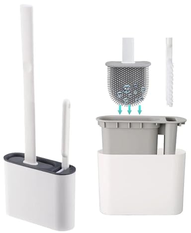 SSKHE Toilet Brush, 2 in 1 Deep Cleaner Silicone Bathroom Toilet Brush Holder Set with No-Slip Long Plastic Handle Flexible Bristles Crevice Cleaning Hard Bristle Brush