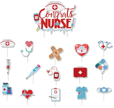 16 Stück Krankenschwester-Kuchenaufsätze, Cupcake-Topper, Krankenpflege-Abschluss-Cupcake, medizinischer Rn-Doktor, Krankenschwester-Motto-Partyzubehör