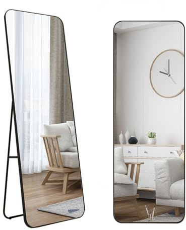 MIQU Standspiegel Ganzkörperspiegel 140 x 40 cm mit Ständer Rechteck Runden Ecken, Schwarz Metall Rahmen Wandspiegel Lang Dekorative Groß Spiegel Wand Hänger für Flur, Wohnzimmer, Schlafzimmer