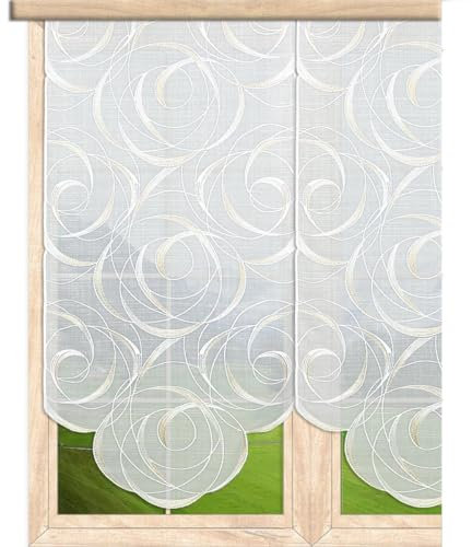 atelier alles-Spitze Moderne Flächengardine Diane mit Fantasiestickerei in Weiß, Beige und Gold | Attraktive halbtransparente Schiebepaneele mit Bogenabschluss | Breite x Höhe 60 x 128 cm