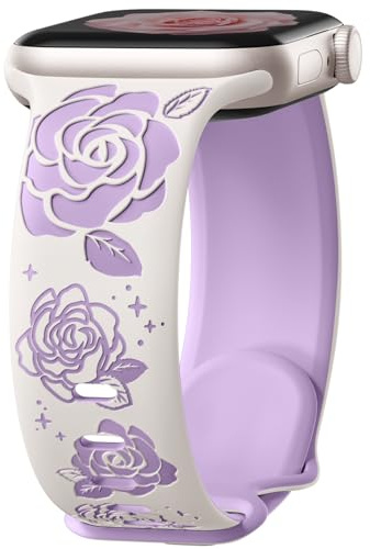 Dirrelo Floral Engraved Silicone Strap Compatible with Apple Watch 40mm 41mm 38mm 42mm 44mm 45mm 46mm 49mm Women, Two-Tone Flower Sport Band for iWatch SE Series 10 9 8 7 6 5 4 3 2 1, Starlight/Purple