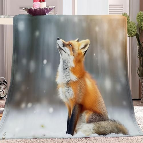 Tiere, Fuchs, Schnee Flauschige Kuscheldecke, Weiche Flanell Sofadecke mit Grau Waschbare Decke für Kinder, Jungen & Erwachsene, Warme Tagesdecke 70x100 cm