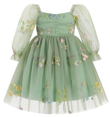 FYMNSI Sage Flower Girl Dress Baby Infant Kids Sqaure Neck Mesh Long Sleeve Smocked Floral Embroidery Tulle Tutu Princess Wedding Bridesmaid Birthday Party Pageant Formal Dresses Sage Green 6-12M