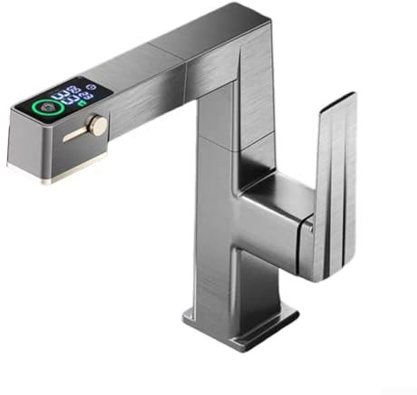 High Tech Robinet de lavabo à affichage numérique, rotation à 720 degrés, robinet à bec relevable pour toilettes, salle de bain, cuisine, robinet de lavabo (gris)