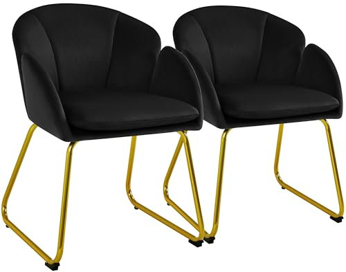Yaheetech 2 Chaises de Salle à Manger en Velours Pieds en Métal Doré Chaises de Salon en Forme de Fleur Fauteuils de Chambre Mobilier pour Cuisine Bar Hôtel Bureau 55 × 60 × 76 cm Noir