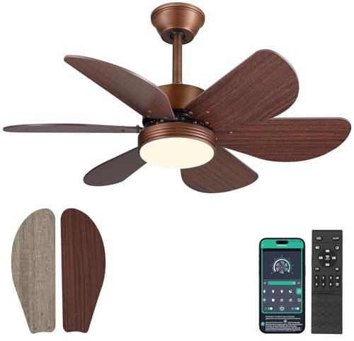 Surtime Ventilatori a soffitto con luci e telecomando, 107cm Ventilatore esterno bronzato con 6 pale reversibili in legno, Ventilatori moderni a basso profilo per patio, cucina, camera da letto