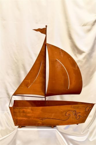 Der-Porzellan-Laden Segelschiff Deko aus Metall, künstlerische Edelrost-Skulptur mit Wellenverzierung, 75 x 82 cm, rustikales Highlight im maritimen Wohnambiente