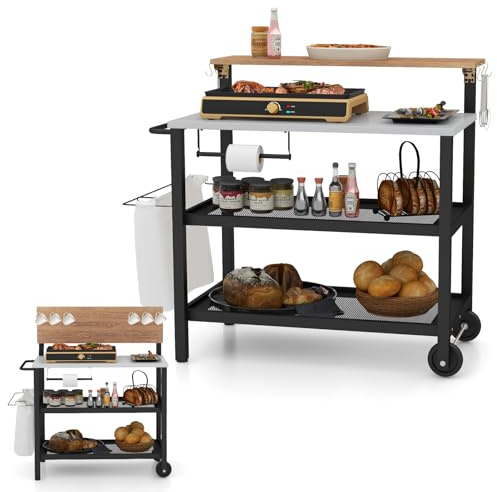 COSTWAY Carrello per Barbecue con 3 Ripiani e Tavola Ribaltabile