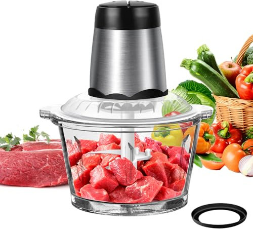 Food Processor with 2L Glass Bowl, Electric Food Chopper with Double Blades, Grinder for Meat, Vegetables, Fruits and Nuts, 2 Adjustable Speed Sessions, BPA-Free, Safe for Baby Food