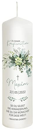Scheinvoll® Konfirmationskerze Junge personalisiert mit Namen, Datum und Spruch - Modell Maxim - Andenken und Konfirmationsdeko (25 x 8 cm)
