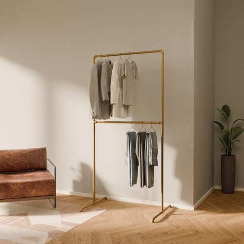 pamo Kleiderstange freistehend 80 kg Traglast - offener Kleiderschrank Kleiderständer Schlafzimmer industrial gold aus Metall Wasserrohren