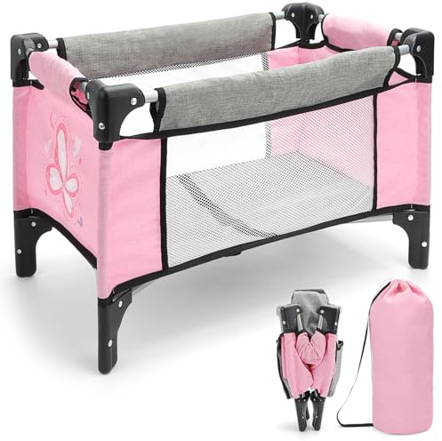 deAO Puppen-Reisebett Faltbar, Großes Puppenbett für 30-53 cm Puppen - Rosa | Sicherheit, Stabil, ABS-Kunststoff, Abgerundete Ecken, Schnelle Montage, mit Tragetasche, Geschenke für Mädchen, 53x33x33CM