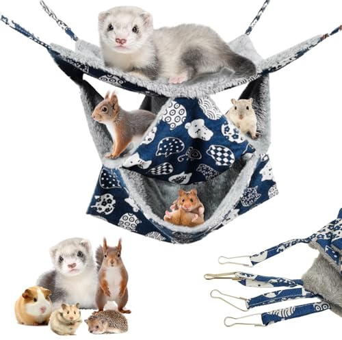 3 Layers Pet Rat Hammock, Double Sided Use Rats Hammocks for Cage Plush Guinea Pig-Hammock Hamster Hammock Ferret Hammock Chinchilla Hammock Warm Rat Cage Accessories Swing Pet Hideout With 4 Clips