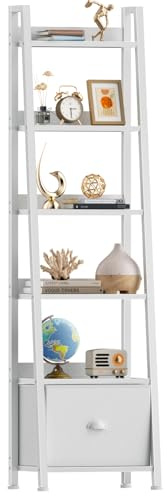 Furologee Leiterregal mit 6 Etagen, Leiter, Bücherregal mit Schublade, modernes hohes Bücherregal, Aufbewahrungsregal, Holz, Metall, freistehende Regale für Wohnzimmer, Heimbüro, Schlafzimmer, Weiß