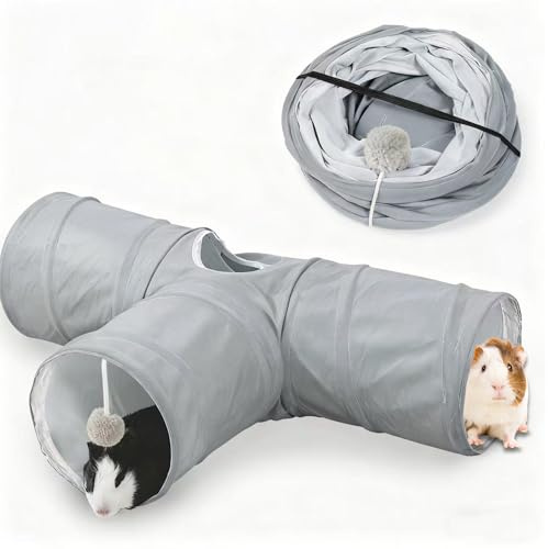 JanYoo Túnel de conejo, túnel de 3 vías, túnel para conejillos de indias, túnel de juego, plegable, para escondite de conejos, túnel de actividad para animales pequeños, juguete (gris puro)
