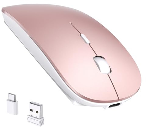 RaceGT Wireless Mouse 2.4G USB C+USB A, Rechargeable Ultra Slim Silent | inalambrico, silencioso, lunga autonomia, plug-and-play, ultrasottile, leggero, 1600DPI, ampia compatibilità-Rosa