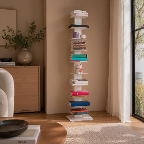 STEELNOVO | Beatrice, librería vertical ahorra espacio con 10 estantes, altura 150 cm, librería de columna de acero pintado moderna, estantería de pie color blanco, salón, estudio, fabricada en Italia
