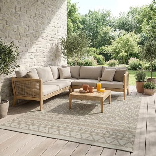 Mia´s Teppiche Denver robuster Outdoor Teppich, modern, Wetterfest & UV-beständig, für Balkon, Terrasse und Wintergarten, flach, auch für Küche oder Esszimmer, Beige, 80 x 150 cm