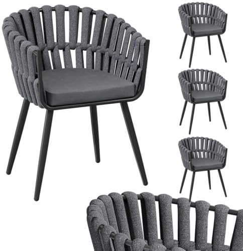 STEELSØN Tarian Gartenstühle im Rope Design – Stühle 4er Set mit Sitzkissen – Loungesessel Indoor/Outdoor – aus Kunststoffgeflecht & Dicke Sitzpolster Garten/Terrasse/Balkon – Stahlgestell dunkelgrau