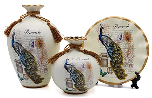 NEWQZ Deko Vase 3er Set für Wohnzimmer Keramik Vasen mit Pfau Dekor