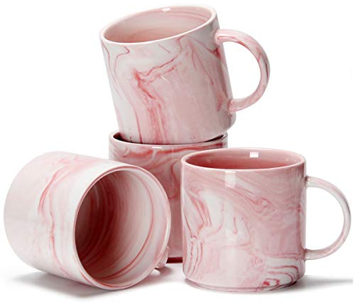 Smilatte 12 oz / 320ml Unique Coffee Mugs for Office, M101 Novelty Marble Ceramic Tea Cup for Boy Girl Lover Women, Set of 4, Pink