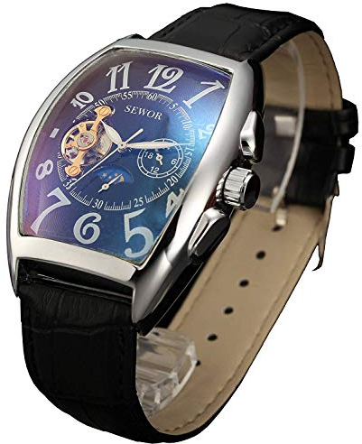 SEWOR Luxury Tourbillon Herren Mondphase automatische mechanische Armbanduhr Lederband Glasbeschichtung blau (Silber Schwarz 2)