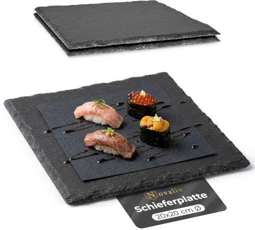 Novaliv 3x Schieferplatten I quadratisch I 20x20x0,5 cm I Sushi Platte Steinteller Schieferplatten Set Schiefer Servierplatten deko Buffet Platten