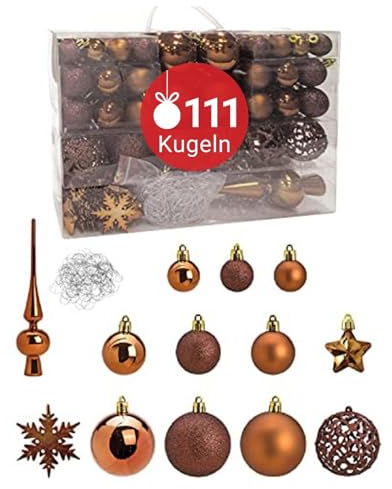 WOMA Christbaumkugeln Set Bronze & 19 weiteren Farben - 111er Weihnachtskugeln Set inkl. Metallhaken - Weihnachtskugeln Kunststoff - Weihnachtsbaum Deko & Christbaumschmuck