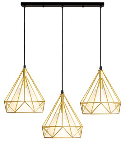 iDEGU 3 Pendelleuchten, Vintage, Kronleuchter, Deckenleuchte, Lampenschirm aus Eisen, Käfig-Design, Diamant, Retro, E27, Deckenlampen für Küche, Esszimmer, 50 cm, goldfarben