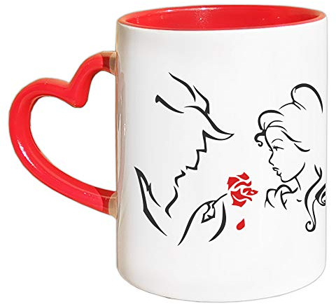 20Giugno Tazza La Bella e la Bestia con Rosa - Manico a cuore rosso - Interno rosso - Regalo per innamorati - Natale, Compleanno, SanValentino