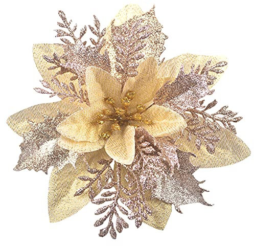 GL-Turelfies 12 STK. Glitzer Weihnachtsblumen (15cm/5,9'') mit 12 STK. Clips Künstliche Weihnachtsstern Blumen Weihnachtsbaum Blumenschmuck Weihnachtsbaum Ornamente (Champagner)