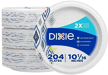 Dixie Piatti di carta grandi, 25,4 cm, 204 pezzi, 2 volte più forti, adatti al microonde, a prova di ammollo, resistenti al taglio, piatti usa e getta per colazione, pranzo e cena tutti i giorni