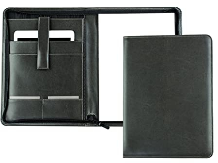 DELMON VARONE - Tablet Schreibmappe mit Reißverschluss inkl. Notizblock DIN A4 aus veganem Eco Kunstleder Grau - Organizer Konferenz Mappe mit Stifthalter & Einsteckfach - Dokumentenmappe