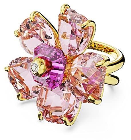 Swarovski Idyllia Cocktailring, Rosafarbener, Vergoldeter Damenring mit Blumen-Motiv und Strahlendem Swarovski Kristall