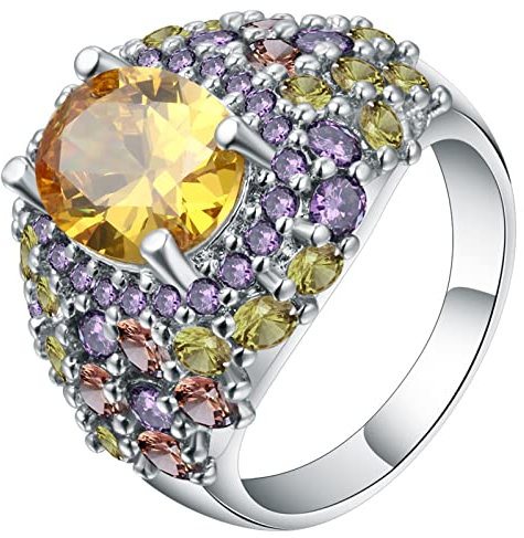 Hoisy Ring Damen Modeschmuck, Ringe Vintage mit Gelbem Oval Silber-Gelb-Violett Oval Größe 52 (16.6)