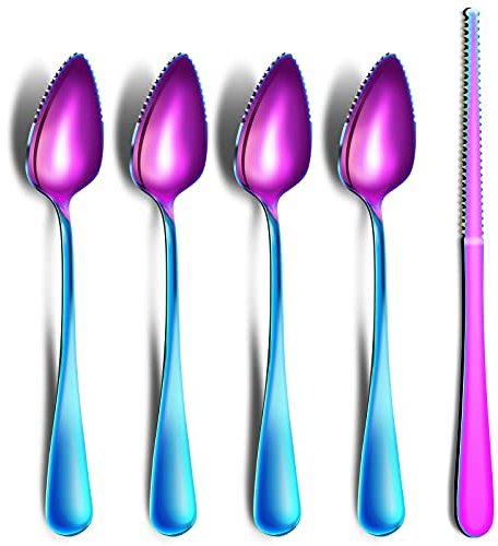 Grapefruit Spoons & Grapefruit Knife, Stainless Steel Grapefruit Utensil Set, Serrated Edge & Thick Gauge Handle, Colorful Kitchen Tool with Non-Stick Plating for Kiwi, Dessert, Apple (5 PCS Set)