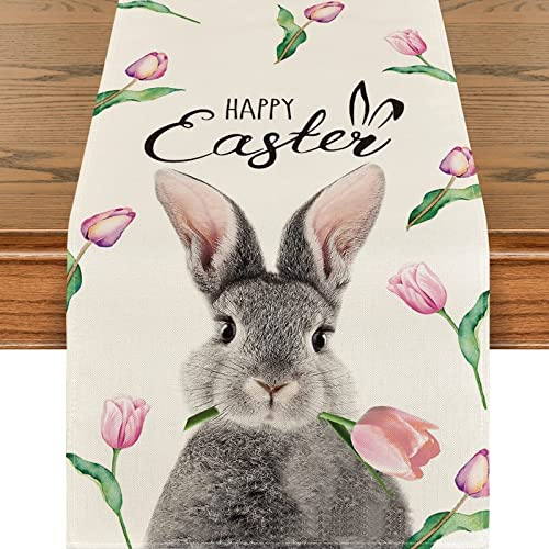 Mode Ostern Frühling Tischläufer Osterhase Ostereier Ostertischläufer Tischdeko Tischläufer Waschbar Sommer Küche Esstisch Dekoration für drinnen und draußen Urlaub Party Ostern (D, One Size)