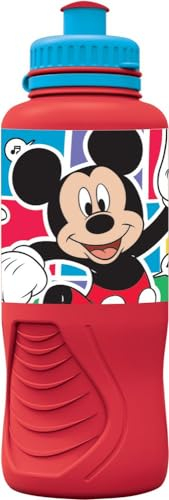 Disney Borraccia rossa per bambini in plastica Mickey Mouse Topolino Pippo Paperino 400 ml con chiusura antigoccia e banda antiscivolo