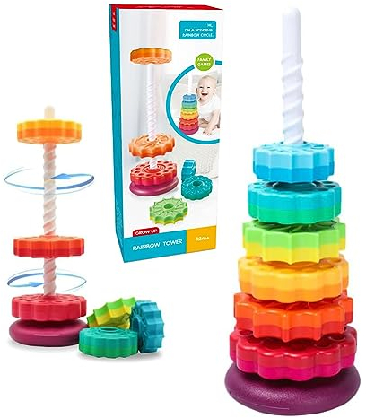 Jouet rotatif pour bébé arc-en-ciel empilable - Engrenages sensoriels pour bébé - Anneaux empilables - Jouet Montessori sans BPA - Jouets éducatifs précoces pour 12 mois et plus - 6 pièces