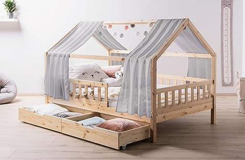 TiCAA Hausbett mit Tüll Kim Natur 90x200 cm, 100x200 cm, 120x200 cm, 140x200 cm für Jungen & Mädchen, inkl. Rolllattenrost und Rausfallschutz aus Kiefer Massivholz
