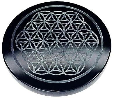 Plaque de rechargement Miroir Obsidienne noire - Fleur de Vie 7cm