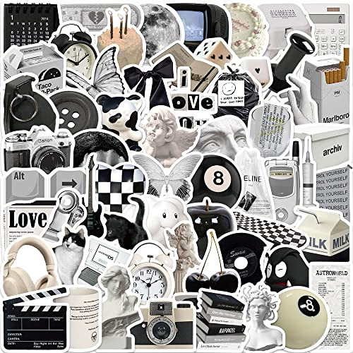 61 Stück Minimalistische Aufkleber in Schwarz und Weiß,Sticker Vintage,Wasserfeste Scrapbook Aufkleber für Gepäck,laptop,Wasserflaschen Usw.