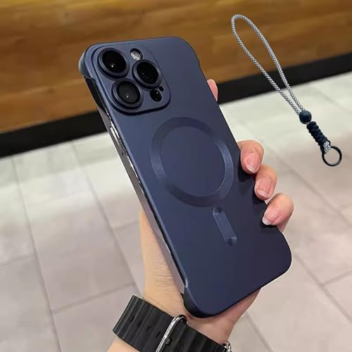 Metallic Paint Frameless Magnetic Phone Case for iPhone 15/14/13/12/11, Ultra Thin Design - Supports Wireless Charging, Matte Finish, and Lens Protection (Navy Blue,iPhone 14)