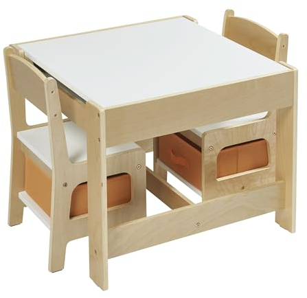 Panana Kindertisch mit 2 Stühlen Sitzgruppe mit Stauraum, 3tlg. Kindersitzgruppe, für Kinder Vorschüler Kindermöbel (Natur)