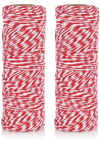 Nordstern Baumwoll Schnur Bindegarn 2er Set + 20 Geschenkanhänger - Geschenkband, Juteschnur, Bastelschnur, Küchengarn für DIY Basteln Küche - Rot/Weiß 200 m
