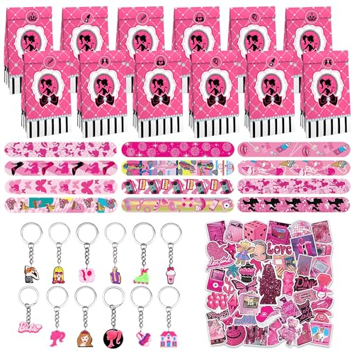DSTLWBCS Kindergeburtstag Geschenke Set 86 pcs, Geschenktüten mit Henkel 12, Party Klatschen Armband 12 pcs, Schlüsselanhänger 12 pcs, Aufklebers 50 pcs, für Geschenke Jungen Mädchen Party Zubehör