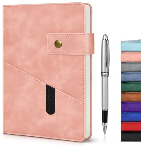 Diario in pelle rosa, formato A5, a righe, per uomini e donne, 15 x 21,3 cm, con copertina rigida, con penna, 200 pagine, 100 g/m², carta a righe spessa, diario giornaliero per scuola, viaggi, lavoro,