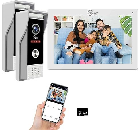 TUYA Sonnette vidéo 1080p avec écran tactile 7 Interphone vidéo, prise en charge de l'enregistrement automatique, vision nocturne infrarouge, détection de mouvement, 2 sonnettes, blanc
